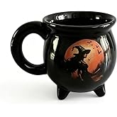 HOPOYGOS Halloween Ceramic Cauldron Mug, 17 Ounces Coffee Cup, Glossy Finish with Handle, Reusable Hot Beverage Container for Adults (Black Witch Pattern, Black)