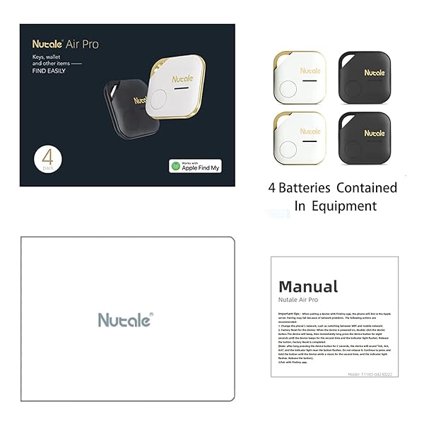 NUTALE AIRPRO KEY FINDER TAG (IOS ONLY), BLUETOOTH TRACKER ITEM LOCATOR WITH KEY CHAIN FOR KEYS PET WALLETS OR BACKPACKS AND TABLETS BATTERIES INCLUDE COMPATIBLE WITH FINDMY APP (WHITE&BLACK, 4 PACK)