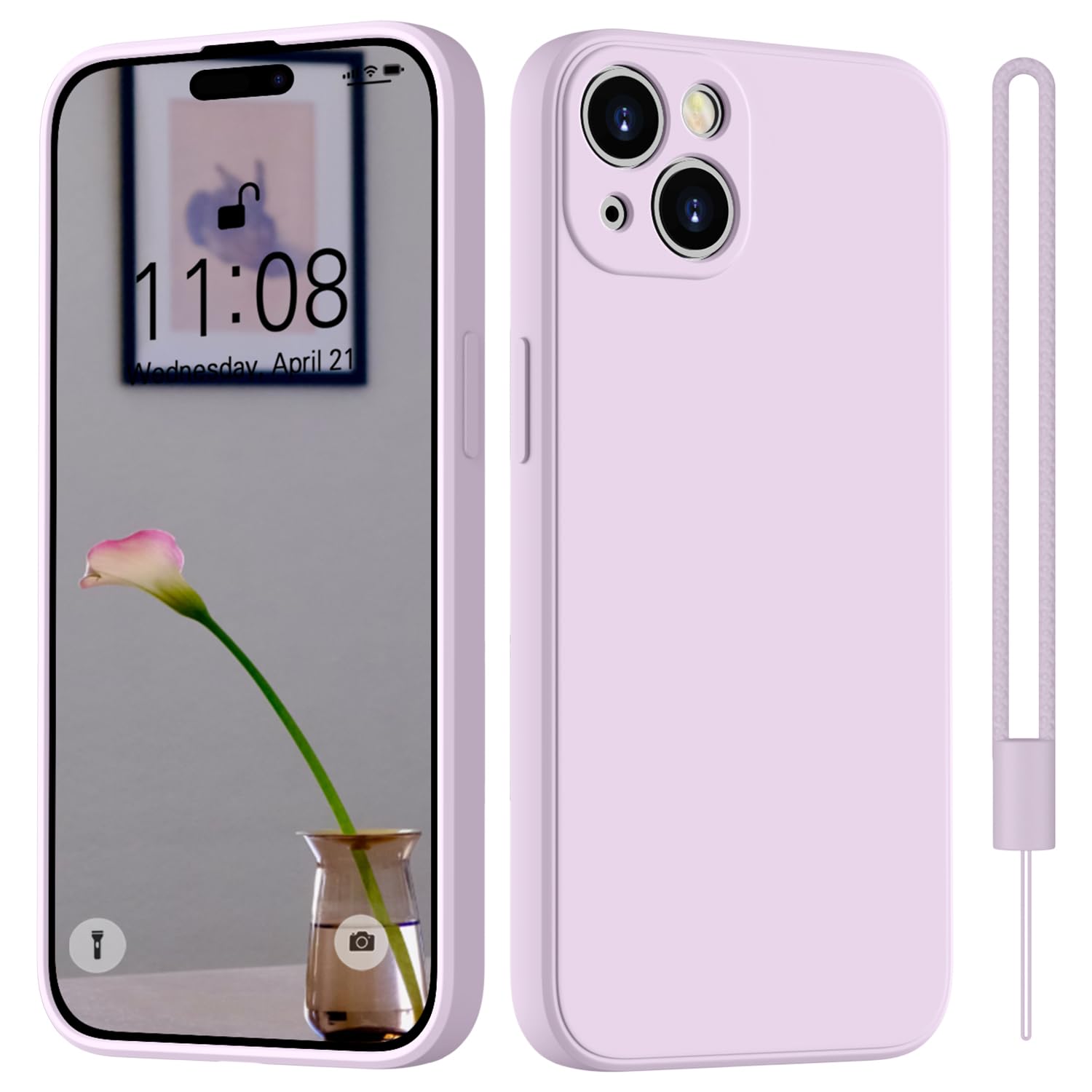 HGH Silicone Case for iPhone 15 with Lanyard, Slim All-Around Protect with Microfiber Lining, Scratch Resistant - Lilac — image 1