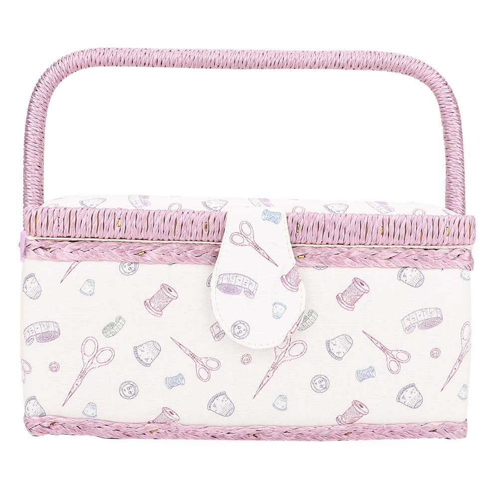 Sewing Basket with Fabric Craft Thread Needle Vintage Sewing Basket Household Design Sewing Tool Storage Box with Removable Tray Builtin Pin Cushion and Interior Pocket