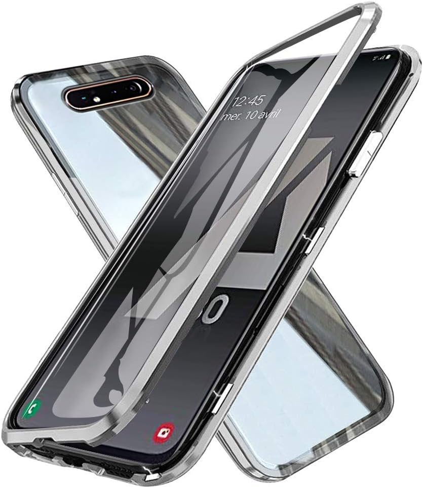 Case for Samsung Galaxy A80 Phone Case Magnetic Adsorption, Metal Aluminum Frame 360 Degrees Transparent 9H Tempered Glass Front Back Anti Scratching Full Body Protective Cover, Silver