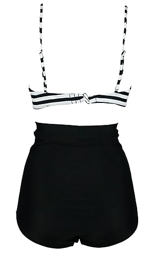 COCOSHIP Black White Stripe High Waisted Bikini Buttons Vintage