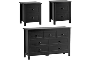 SINROM 3-Piece Dresser Bedroom Set, Farmhouse 7 Drawer Dresser & 2 Drawer Nightstands Set of 2, Chest of Drawers and Night Stand, 3 Pcs Bedroom Furniture Set