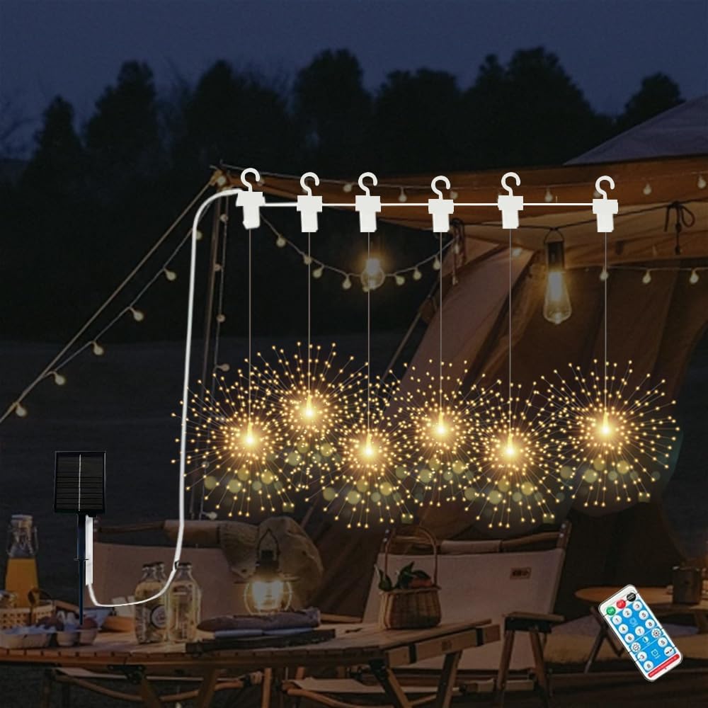 YZYOE Six Bundles Outdoor Solar Warm Light Fireworks Lights, LED Solar Garden Decorative Lights with Remote Control, Wireless from Dusk to Dawn, IP65 Waterproof.