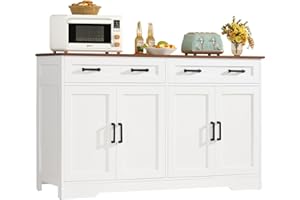 TEENFON 55” Buffet Cabinet with Storage and 2 Drawers, Large Sideboard Cabinet with 2 Adjustable Shelves and 4 Doors, Coffee 