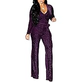 LightlyKiss Women Casual Sexy V Neck Sparkly Jumpsuits Long Sleeve Onesie Loose Pants Party Clubwear with Belt