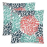 InterestPrint Dahlia Pinnata Flower Teal Coral Gray Cushion Case Protector Pillowcase with Zipper 18x18 Inch Set of 2, Throw Pillow Cover Home Decor