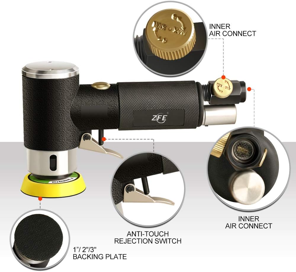Mini Air Sander, ZFE 1/2/3 Inch Random Orbital Air Sander, Mini Pneumatic Sander for Auto Body Work, High Speed Air Powered Sanders & Polisher with 15 Polishing Pads Buffing Pads, 18 Sandpapers - - 