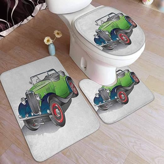 Amazon Com Ahuimin Cars Bath Rug Set 3 Piece Hand Drawn Convertible Vintage Green Car With Colorful Rims Retro Vehicle Design Print Bath Rug 3 Piece Soft Velvet Bathroom Rugs Set Home