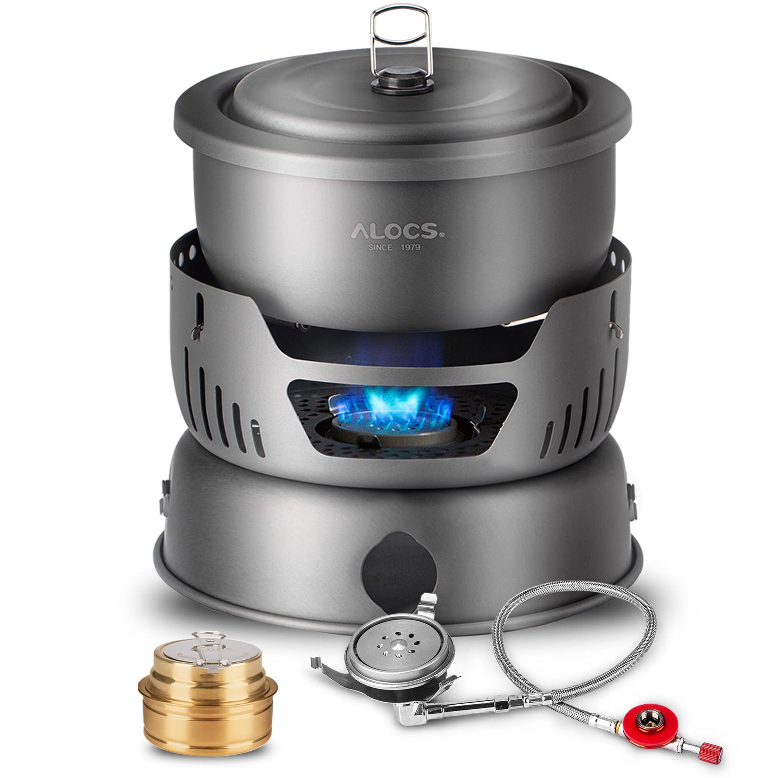 Photo 1 of ALOCS Camping Cookware Set, 11 Piece Lightweight Camping Cooking Set with Alcohol Stove & Gas Stove Burner, Portable & Durable Camping Pot Camping Gear for Camping, Hiking & Outdoor Picnics