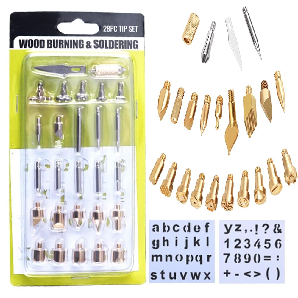 Photo 1 of Wood Burning Tips, 28pcs Wood Burning Kit Carving Alphabet Figure Symbol Tool for Pyrography Embossing Soldering DIY Crafts Wedding Gift Wood Burner Tips Set Screw on Brass Pen Accessories Only