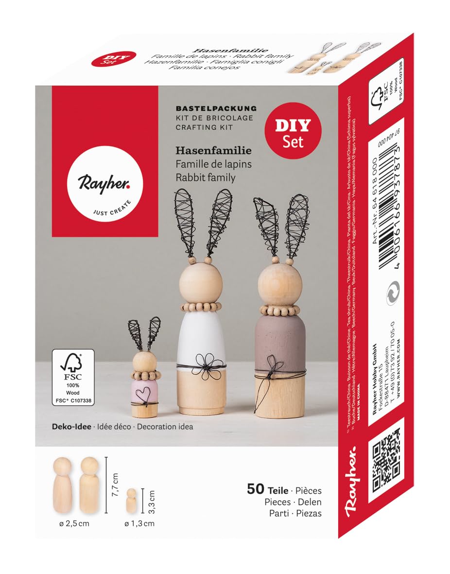 Rayher Craft Kit for Bunny Figures, 3 Wooden Peg Dolls for Craft, Wood Figures for Seasonal Crafting, Unfinished Wood Shapes for DIY Crafts, 3.3+7.7cm, 64618000