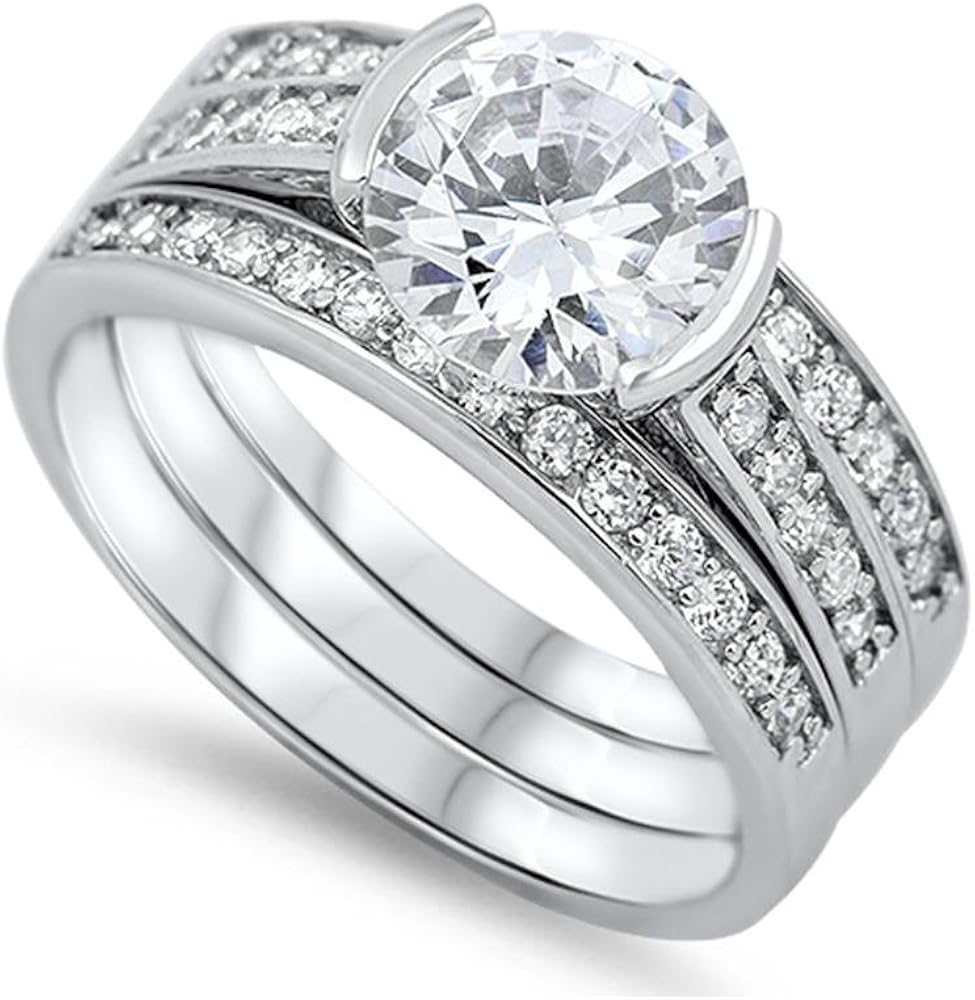 Cloud of quilt patterns Sterling Silver Cubic Zirconia Triple Band Wedding Ring Set, 7mm