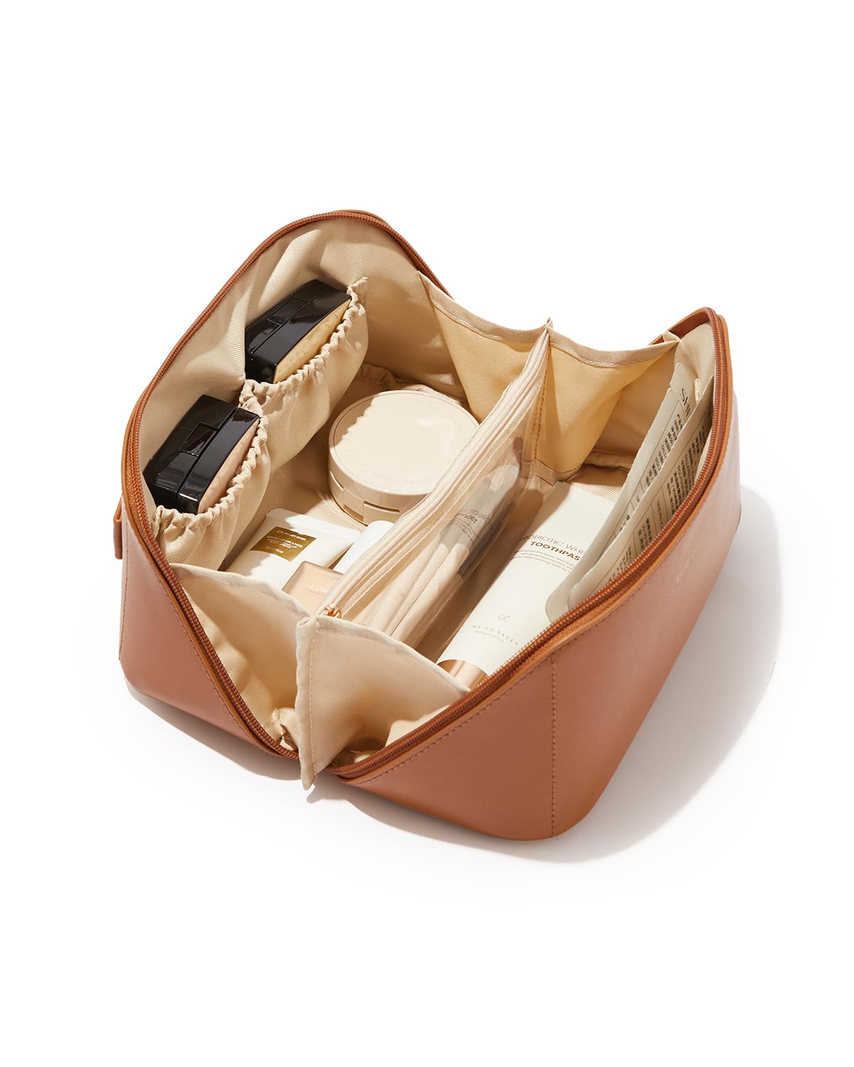 EACHY Travel Makeup Bag, Large Capacity Cosmetic Bag for Women, Waterproof PU Leather, Flat Open Portable Toiletry Bag for Sk