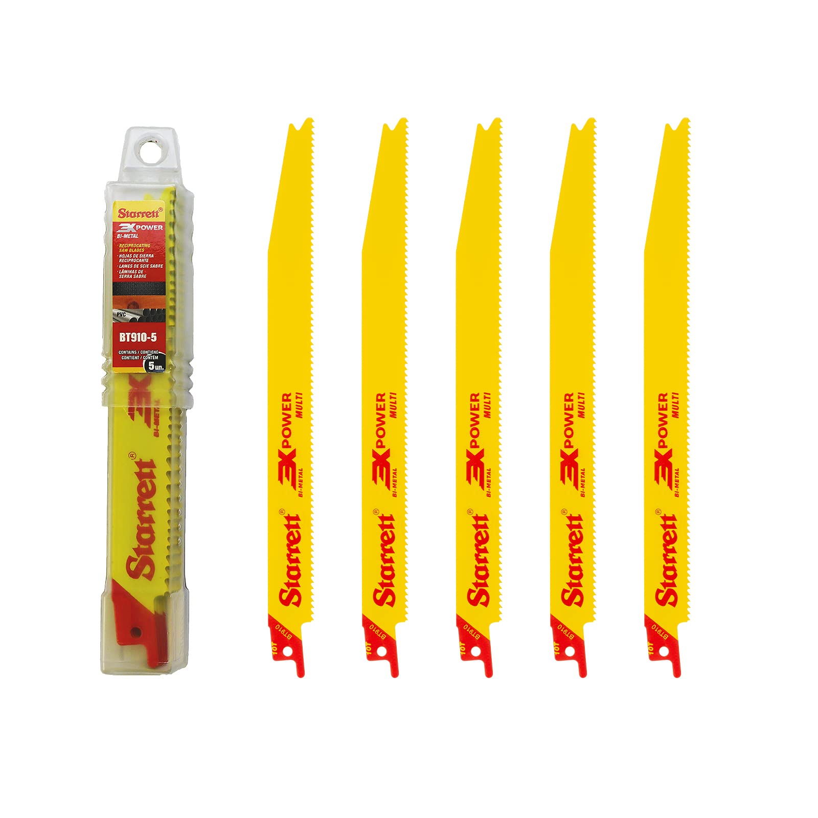 Starrett Multi Purpose Reciprocating Saw Blade - 5 Pieces BT910-5 Bi-Metal 225 mm/9" Inch 10TPI Unified Shank - Compatible with Bosch Dewalt Makita & Many Others