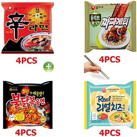 Korean Ramen Ramyun Noodle Soup Multi 4type (16PCS) + (4) Chopsticks