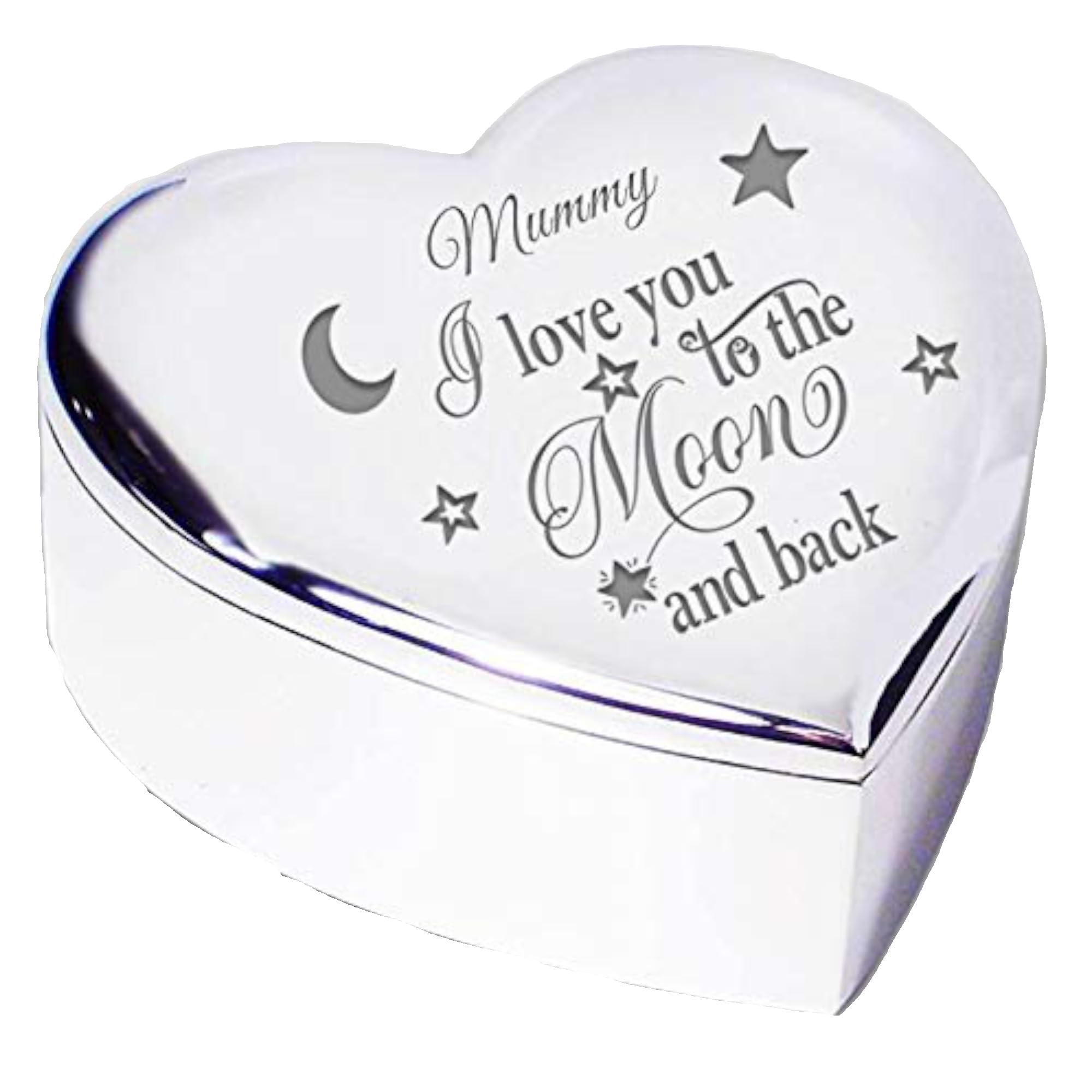 Mummy I Love You To The Moon and Back Gift Engraved Silver Finish Heart Shaped Trinket Box Keepsake Present for Mum Mother Birthday Christmas From Son Daughter