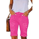 Necooer Women Jean Shorts Ripped Casual Summer Mid Waist Stretchy Five Points Denim Jean Shorts