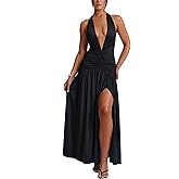 Ekaliy Women's Sexy Halter Deep V Neck Maxi Dress Sleeveless Backless High Slit Ruched Long Dress Summer Party Cocktail Dress