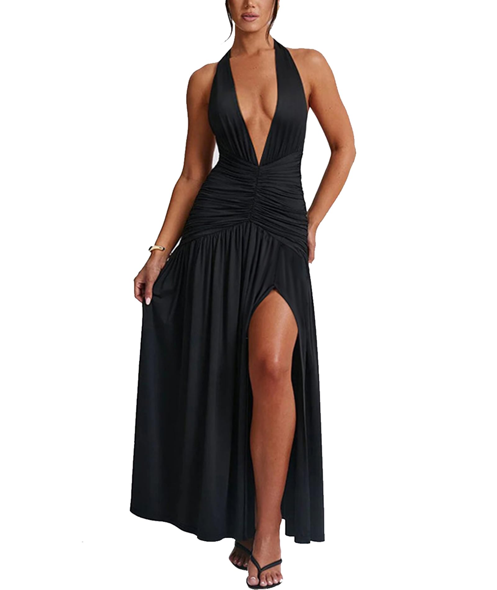 Halter Deep V Neck Draped Ruched Long Dress
