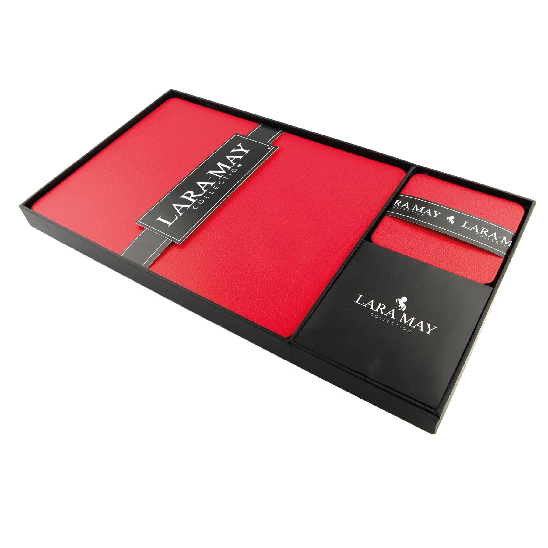 Sets of 4 London Red Recycled Leather Placemats (28cm x 21cm) and 4 Recycled Leather Coasters. Made in The UK by The Lara May Collection.