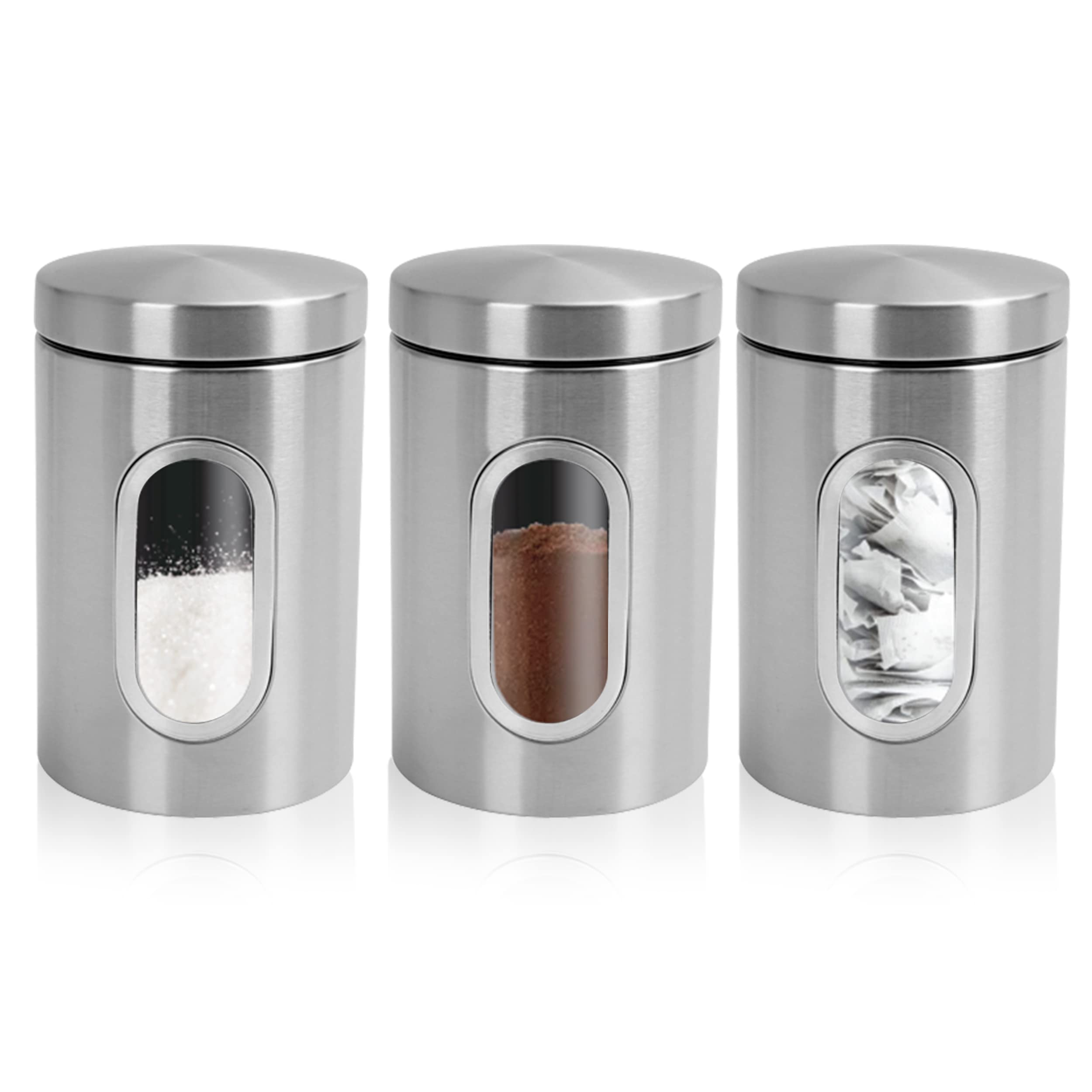 1ABOVE 3 PC Kitchen Storage Canisters | Stainless Steel Containers with Secure Lids | Viewing Window | Storage Tin for Tea, Coffee Sugar, Nuts, Cereal