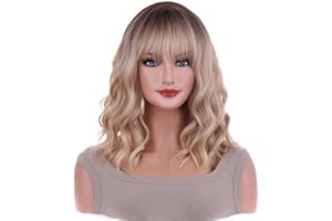 AneShe 14 Inches Blonde Wig for Women Girls Ash Blonde Wig Short Curly Wig Synthetic Wig with Bangs Ombre Blonde Wig for Daily Cosplay Party