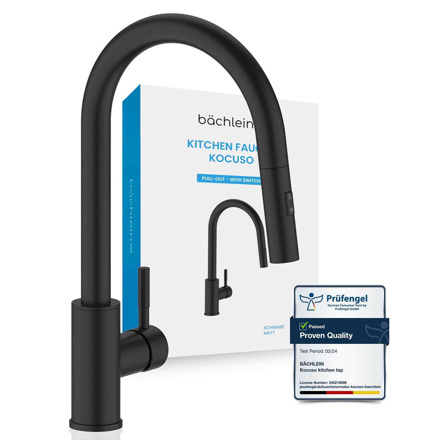 Bächlein Kitchen Mixer 360 Degree Swivel (Matt Black) - Single Lever Sink Mixer Made of Stainless Steel with Extendable Hose and Shower with Switch Button, Water Tap for The Kitchen