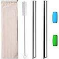Metal Boba Straws Reusable Smoothies Straws 10" Stainless Steel Straw Angled Tips 0.5" 1/2 In Wide Straw for Jumbo Bubble Tea Milkshakes Milk Tea Tapioca Pearl With Silicone Tips Carry Bag Brush 2 Pcs