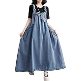 Rothstone Women's Casual Loose Denim Dress Sleeveless Adjustable Straps Denim Jumper Dress with Pockets
