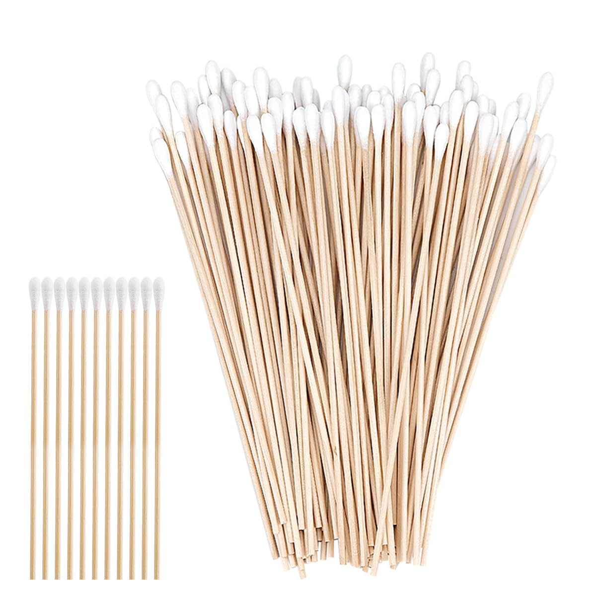 FERCAISH 200 PCS Long Cotton Buds, 15 cm Wooden Handle Cotton Swabs, Single Head Earbuds Cotton Swabs, for Cleaning, Makeup, Polishing Jewelry, Arts and Crafts