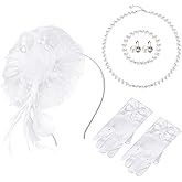 Junkin 5 Pcs Girls Tea Party Hats Gloves Pearl Necklace Bracelet Earring Fascinator Set Christmas Party Cosplay Accessories