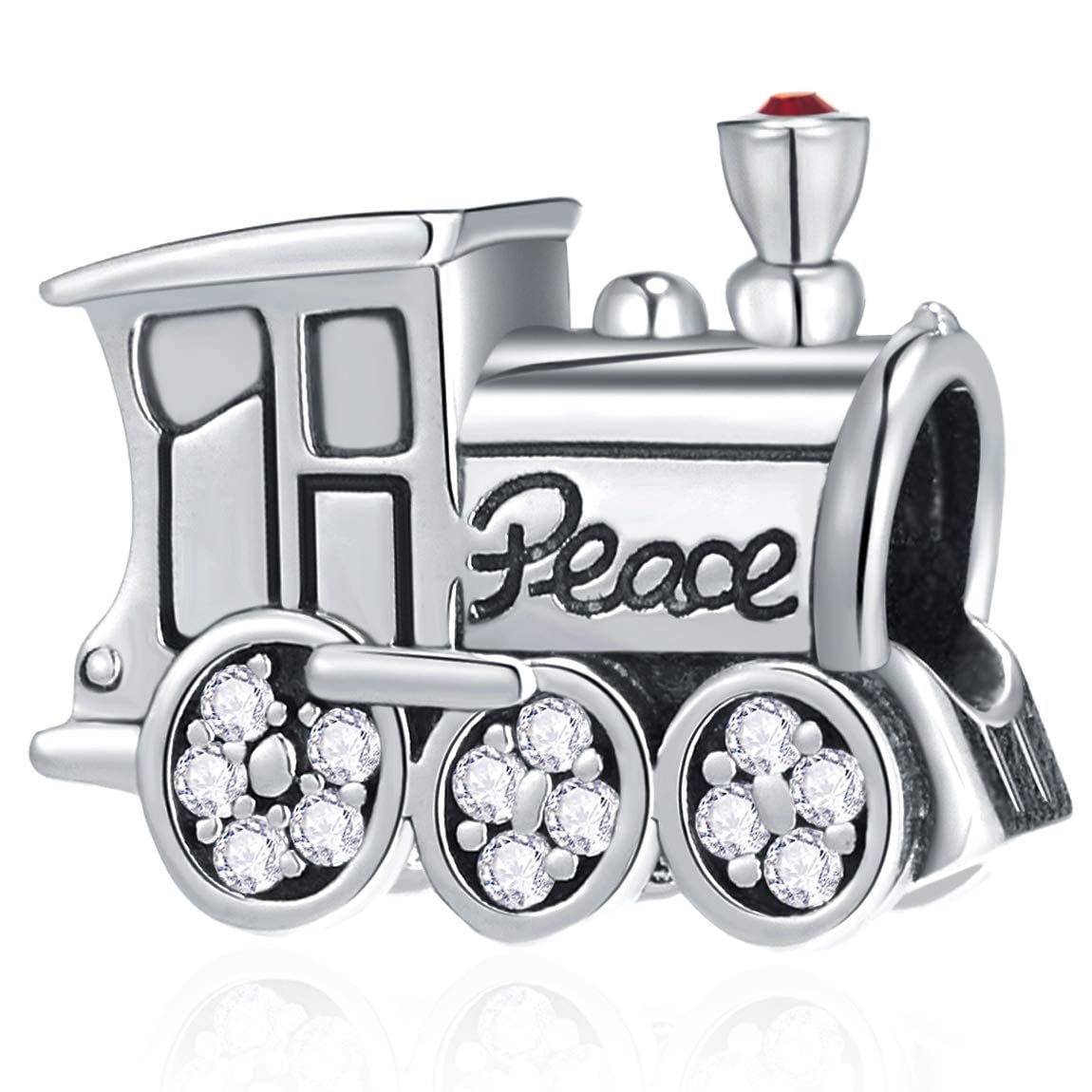 Peace Train Engine Charms, Fit Pandora Travel Bracelet, 925 Sterling Silver with Red CZ Beads, Gift for Graduation/Christmas/Birthday