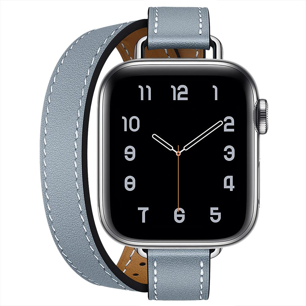 Fsavlroy Compatible with Apple Watch Band 40mm 41mm 42mm,Genuine Leather Women Double Tour Slim Wristband for iWatch Ultra Series 11/10/9/8/7/6/5/4/SE(40/41/42mm,Bleu Lin)