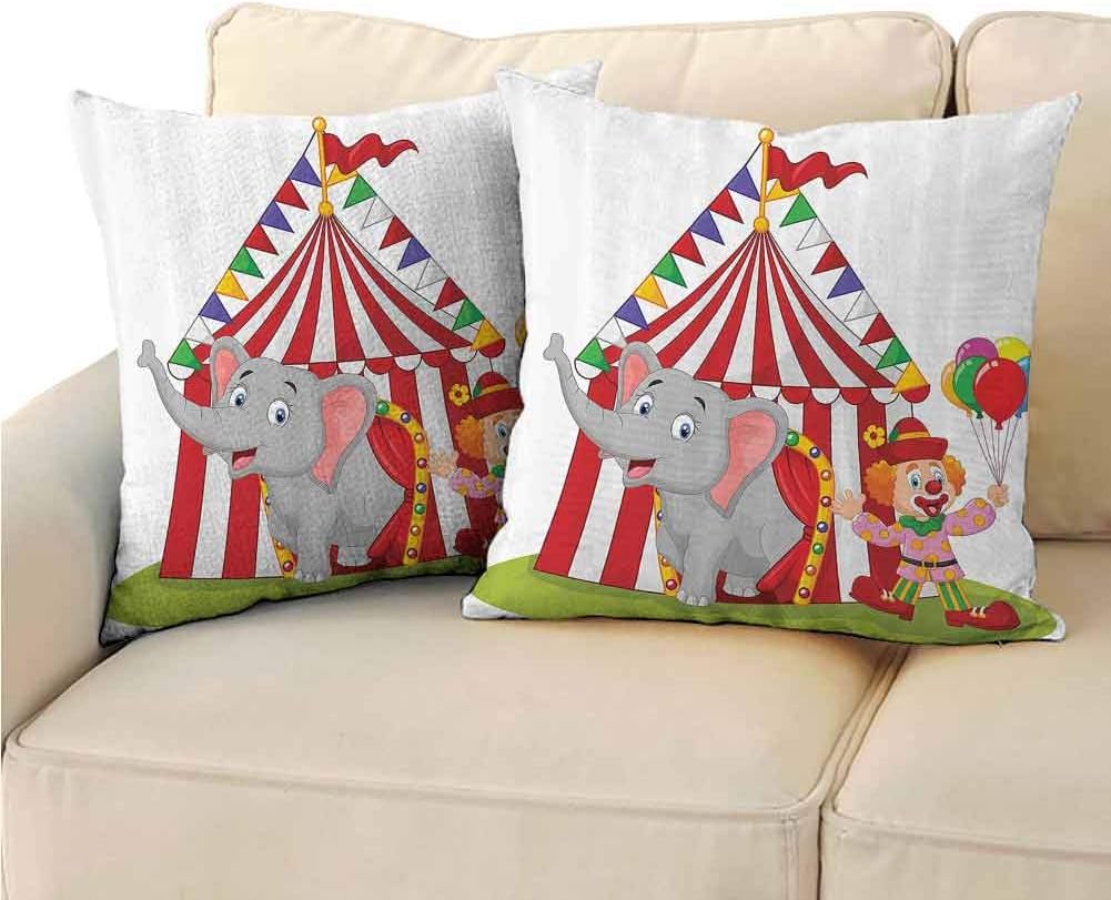 Circus Decor Decorative Square Throw Pillow Cover, Canvas Tent Circus Stage Performing Theater Jokes Clown Cheerful Night Theme Print for Sofa Couch Bed Chair (2 PCS, 26x26 Inch) Multicolor