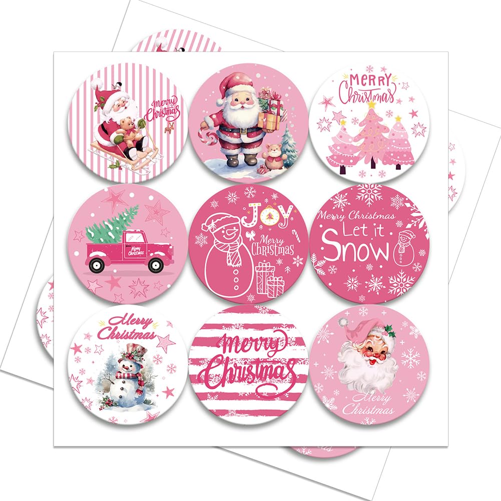 Christmas Pink Gift Tags, 180 PCS Xmas Snowman Santa Claus Truck Card Stickers for Merry Christmas Scrapbook Gift Labels Greeting Card Envelopes Decor