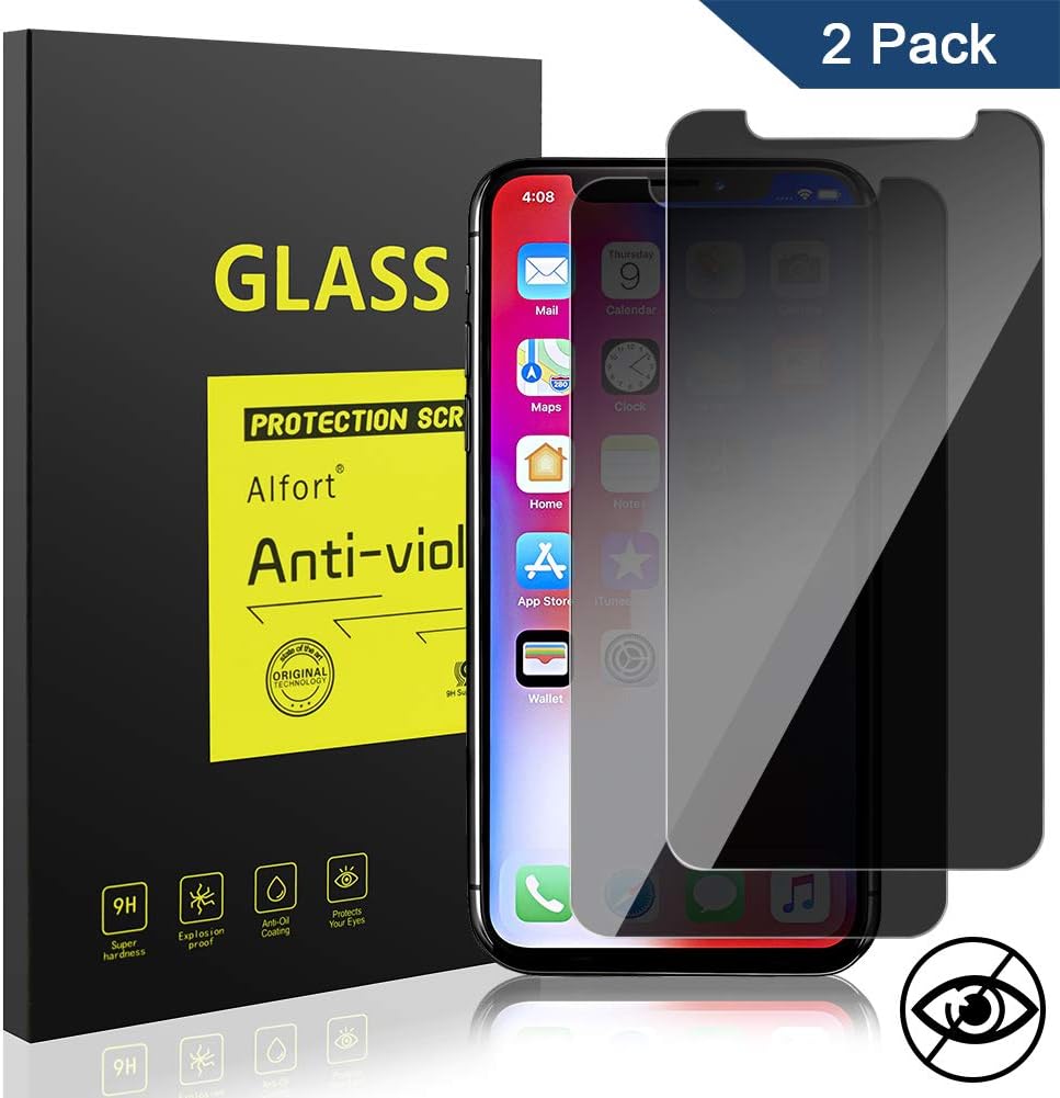 Alfort iPhone XS Screen Protector 2 Pack, Privacy Screen Protector Tempered Glass for iPhone X, 9H Hardness 0.3mm Anti-Spy Tempered Glass Film Shatterproof 3D Touch Bubblefree Anti-scratch (Black)