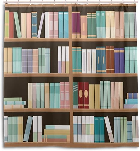 Amazon マキク Makiku シャワーカーテン 本棚柄 おもしろ おしゃれ 防カビ リング付属 バスカーテン 浴室 脱衣所 取付簡単 165ｘ180 シャワーカーテン ホーム キッチン オンライン通販