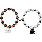 RLHRNDE 2Pcs Halloween Ghost Stretch Bracelets Gothic Bat Spider Charm Love Heart Matching Bracelet for Women Men Lover Friend Friendship Jewelry