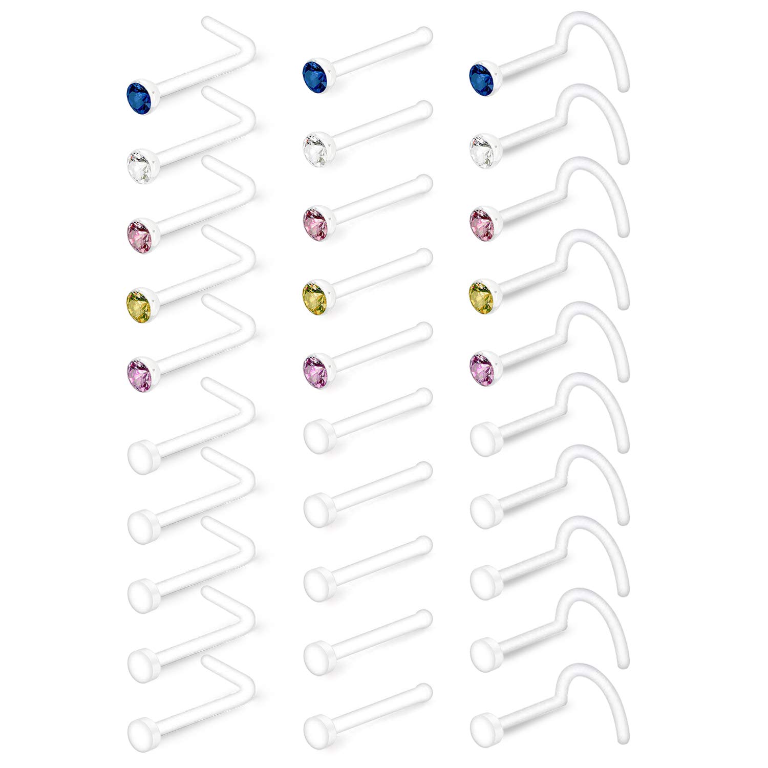 LAURITAMI 30pcs Pack of Nose Studs Retainers 20G Bioflex Acrylic Flexible Clear Nose Screw Nostril Piercing