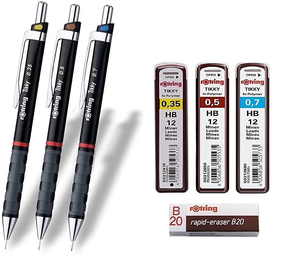 rOtring ‘Tikky’, set of 3 with colour coding, 0.35 / 0.5 / 0.7 mm, includes 3 Boxes of refill HB lead and a B20 eraser