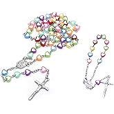 DATOA Handmade Resin Heart Beads Crucifix Rosary Chain Pendant Necklace Bracelet Colorful Love Heart Catholic Cross Virgin Mary Jesus Religious Lord Praying Jewelry Set for Women Men