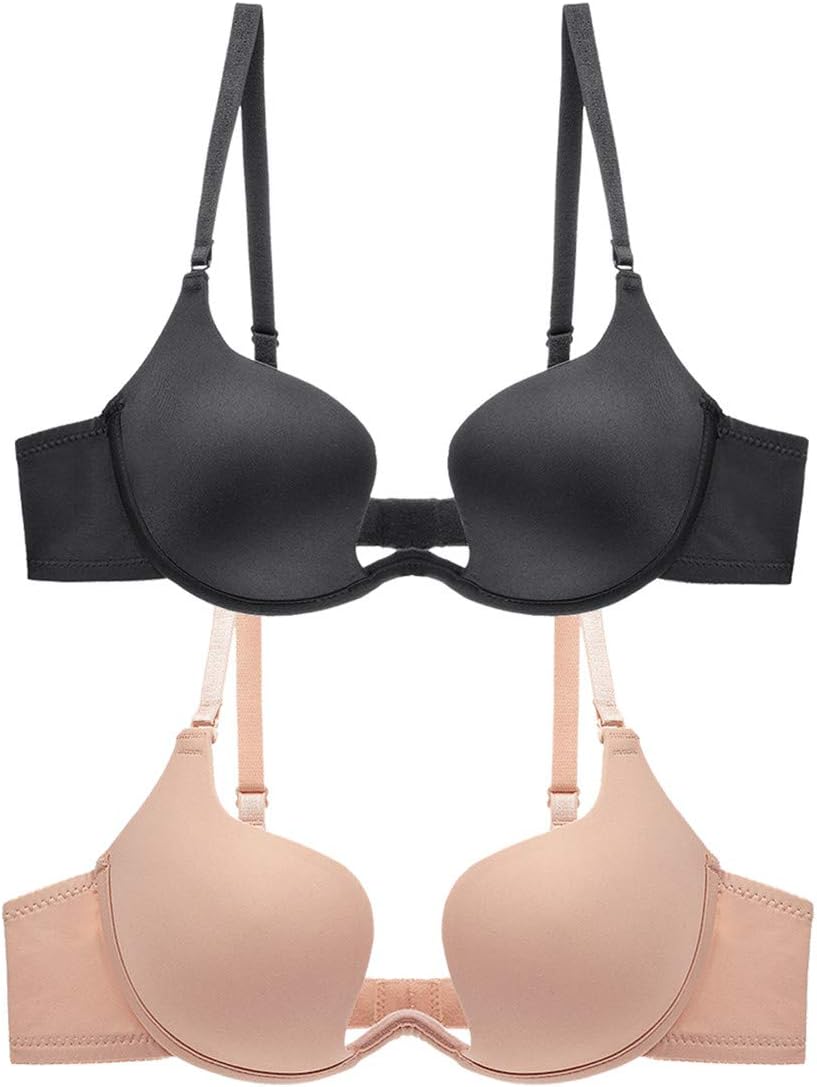 Xuvozta Women Convertible Push Up Bra Seamless Plunge Bra Padded Multiway Bra 36B (Black Nude)
