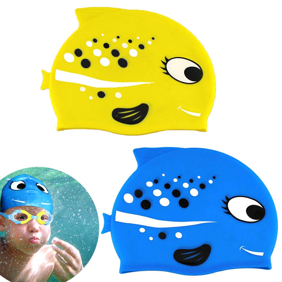 NO 2 Pack Kids Swim Cap, Kids Silicone Swimminng Hat, Tropical Fish Design, Waterproof Anti-Slip Swimming Bathing Cap, Fit Long Hair and Short Hair, for Children, Boys and Girls