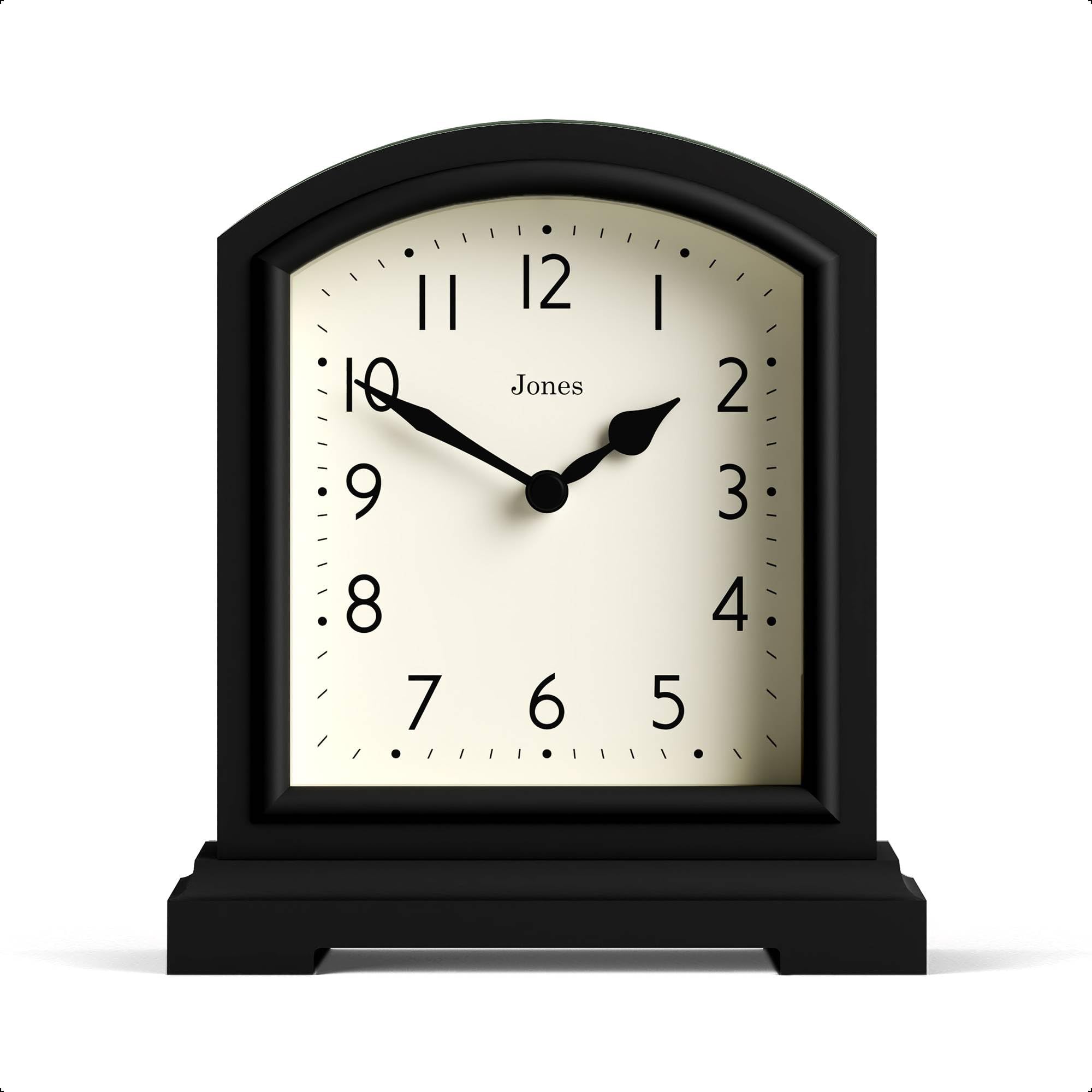 Jones Clocks® Tavern mantel clock | Small modern arch top design | Black | Contemporary classic style for desk, table, shelf or bedside
