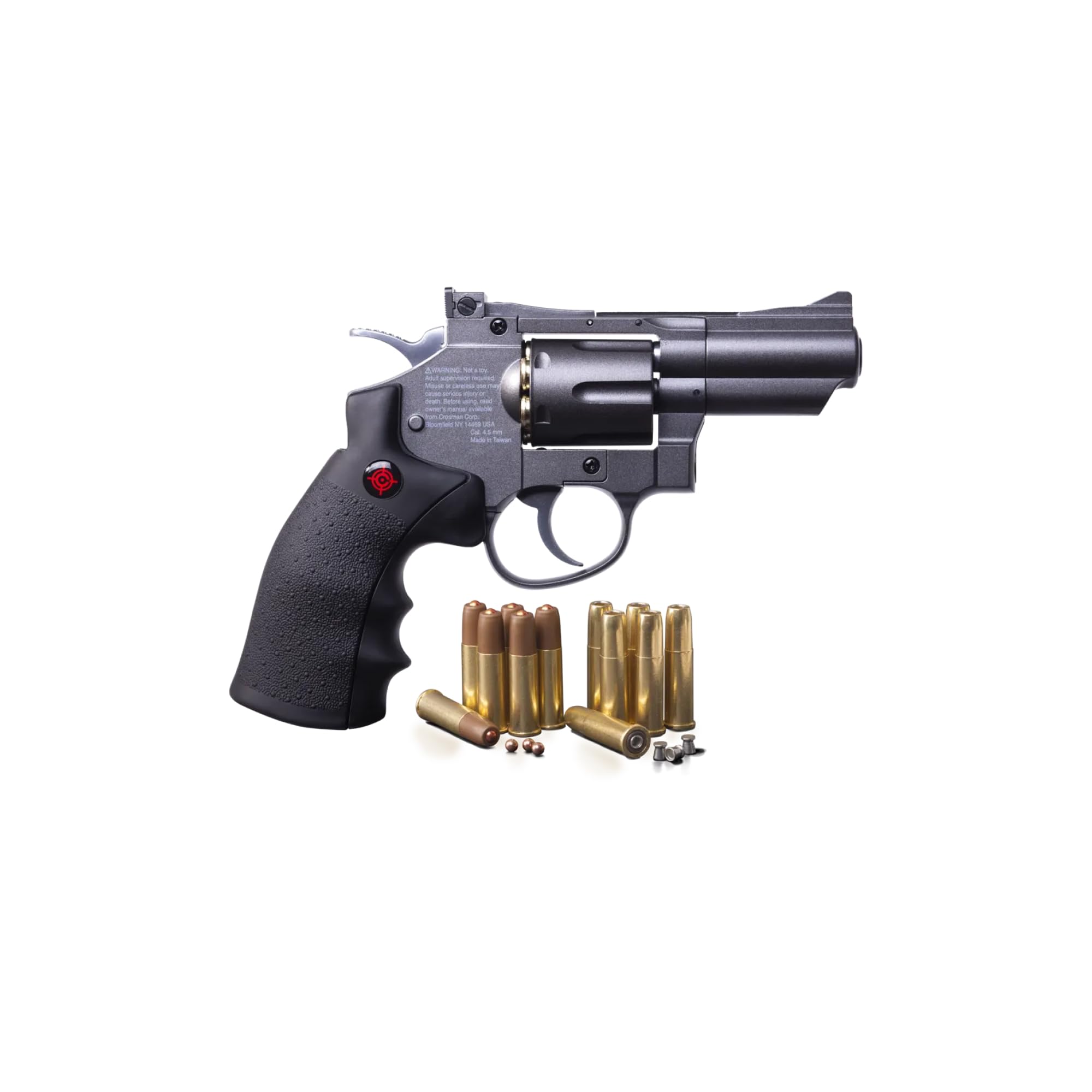 Crosman SNR357 Revólver de CO2 de punta chata para pellets y BB - Cilindro oscilante de 6 disparos con munición dual, cuerpo de metal completo, miras ajustables - Negro/Gris