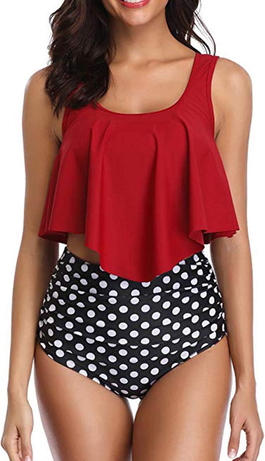 Women's Swimsuit Bikini Two Pieces Bathing Suits Ruffled Racerback Top with High Waisted Bottom Tankini Set