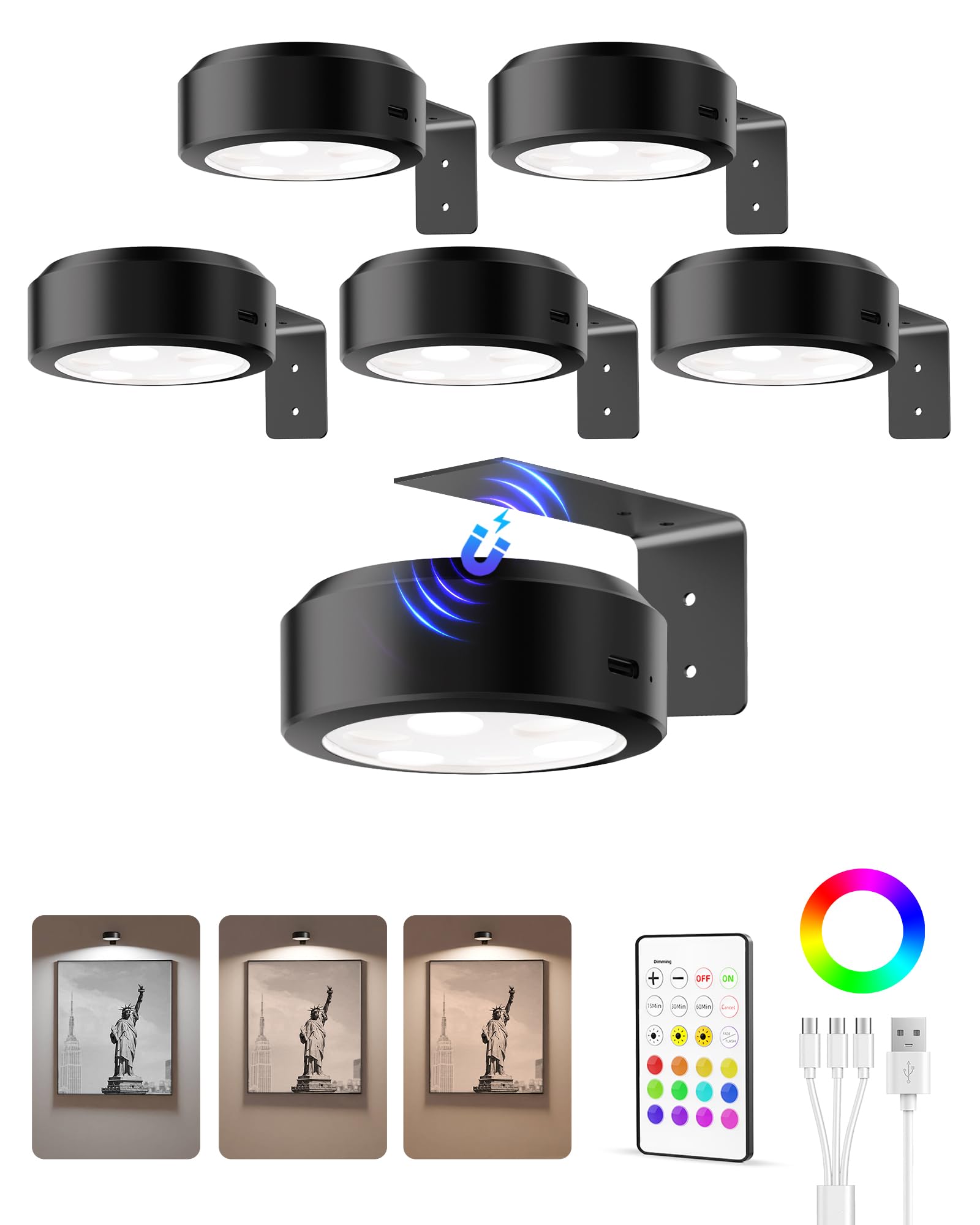Photo 1 of EZVALO Picture Lights for Wall, 2000mAh Rechargeable Battery Magnetic Poster Lights with 3 Color Temps & 12 RGB, Remote Dimmable Timer Painting Light, Wall Decor Light for Art Display, Frame (6 Pack)