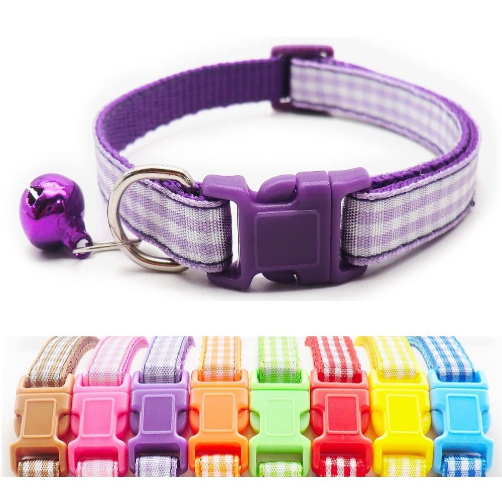 Small Dog Puppy Pet Collar Check Checkered Design with Bell Nylon Adjustable Size 19-32cm Purple