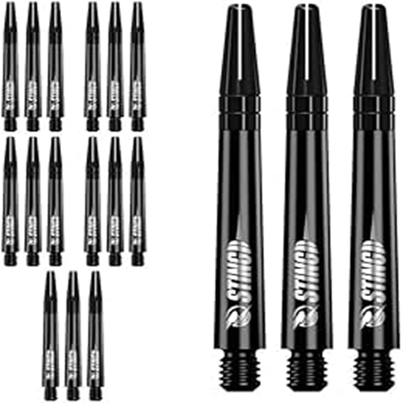RUTHLESS Sting | Polycarbonate Dart Shafts Solid Black with Black Aluminium Top, Tweenie Plus 44mm, 5 Sets of 3 Stems (5XS1769)